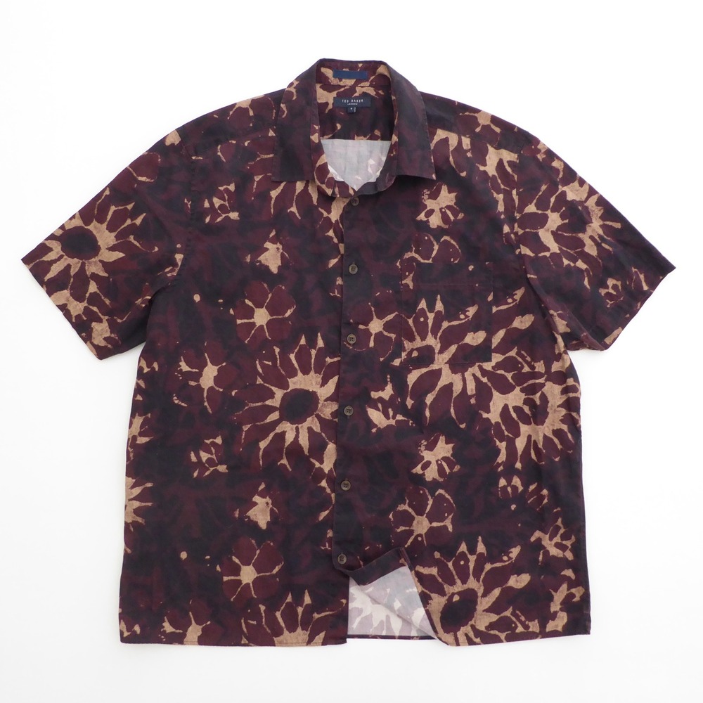 Ted Baker Mens Ufroze Button Up Shirt Maroon Floral Short Sleeve Size 7 / 3XL